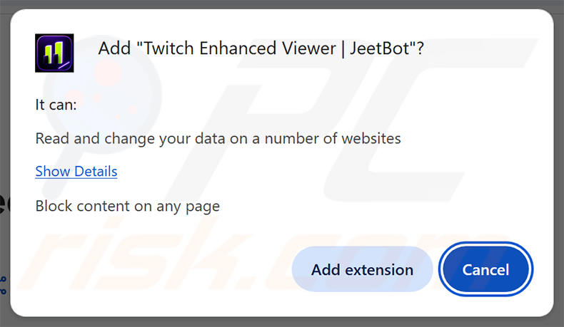 Twitch Enhanced Viewer | JeetBot Extensión maliciosa - diálogo de permisos en Chrome