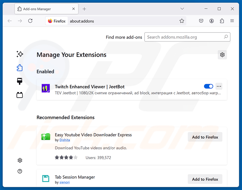 Eliminando Twitch Enhanced Viewer | JeetBot Extensión maliciosa de Mozilla Firefox paso 2