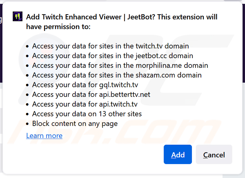 Twitch Enhanced Viewer | JeetBot Extensión maliciosa solicitando permisos en Firefox