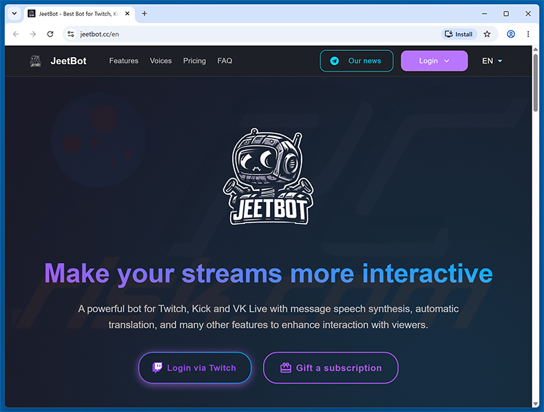 Sitio web que promociona Twitch Enhanced Viewer | JeetBot Extensión maliciosa