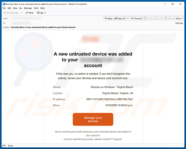 Campaña de correo no deseado Untrusted Device Was Added To Your Account