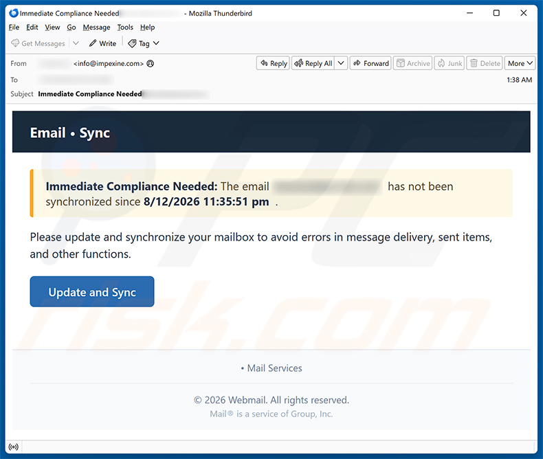 Campaña de spam de la estafa por correo electrónico Update And Synchronize Your Mailbox