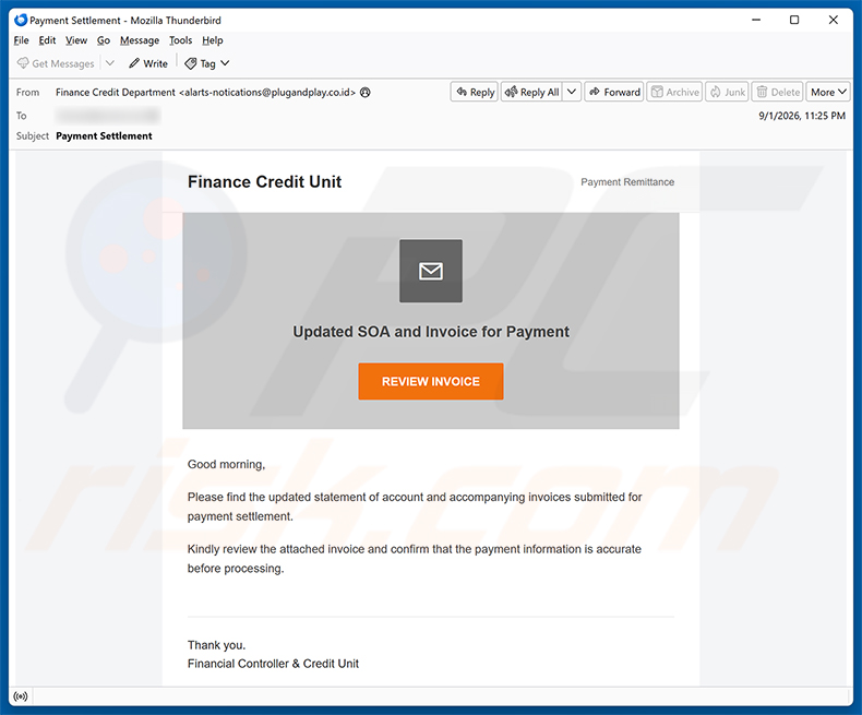 Campaña de spam por correo electrónico Updated SOA And Invoice For Payment