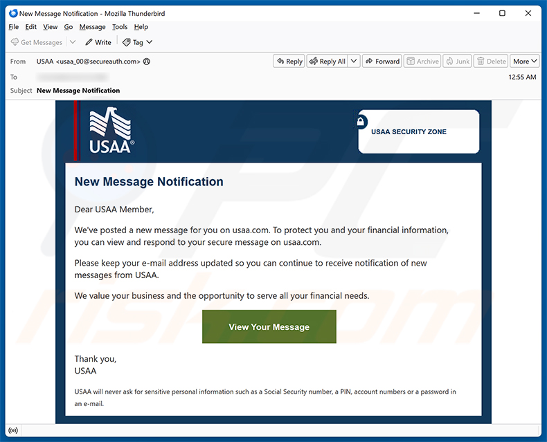 Campaña de spam por correo electrónico USAA - New Message Notification