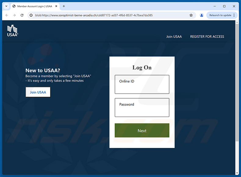 Página de phishing de USAA - New Message Notification