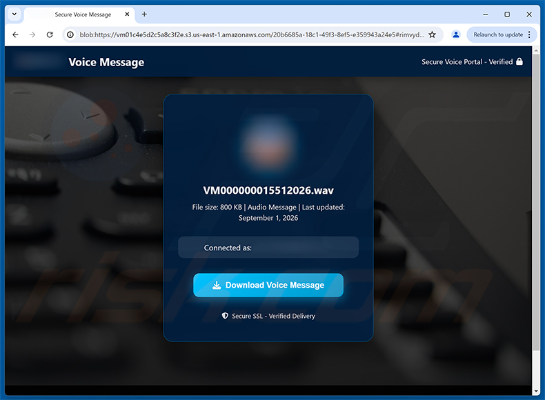 Página de phishing de la estafa Voicemail Notification
