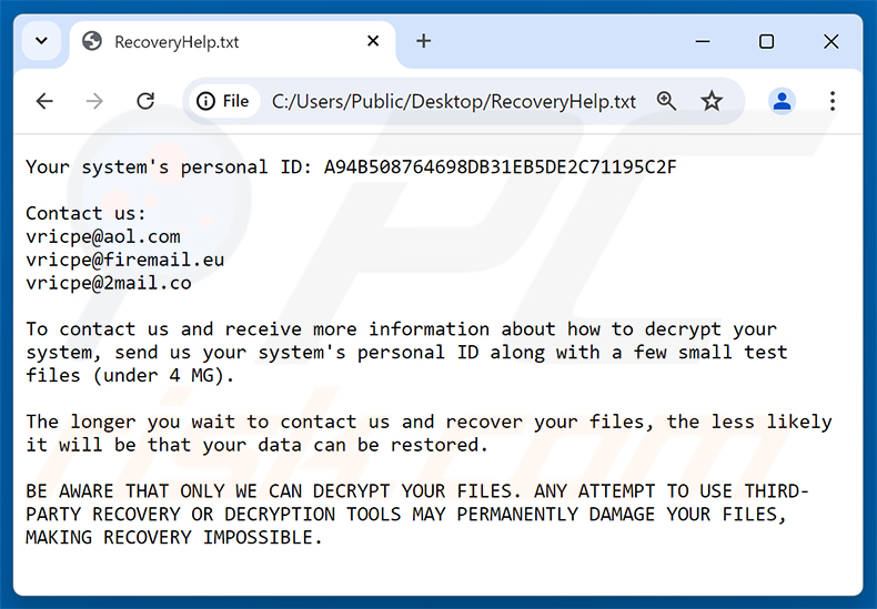 Nota de rescate del ransomware Vricpe (RecoveryHelp.txt)