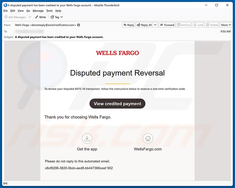 Campaña de spam por correo electrónico Wells Fargo - Disputed Payment Reversal
