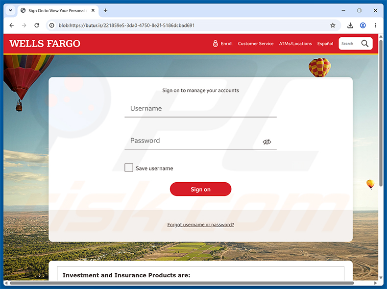 Página de phishing Wells Fargo - Disputed Payment Reversal