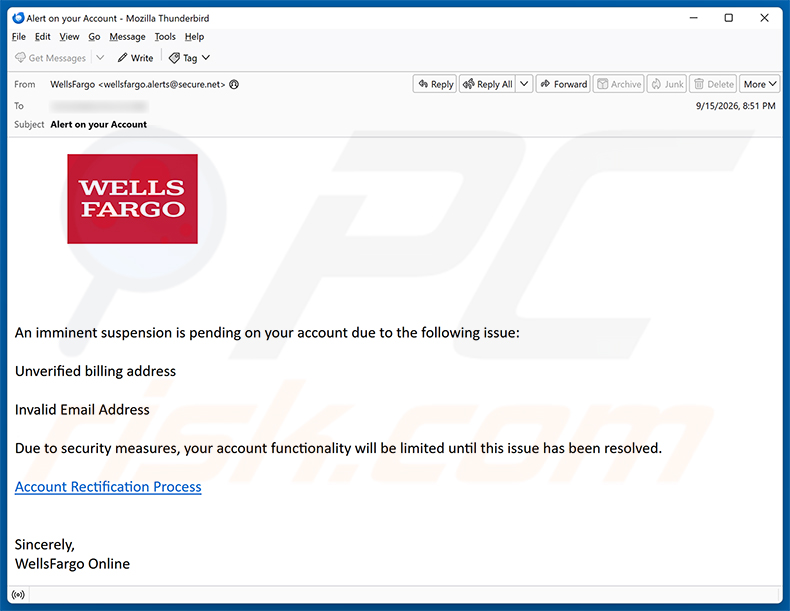Wells Fargo - Pending Account Suspension estafa por correo electrónico