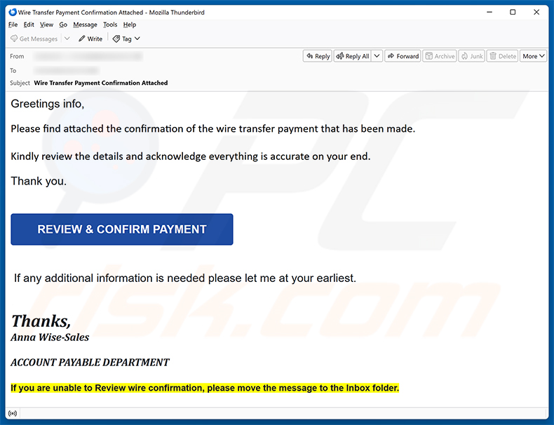 Campaña de spam por correo electrónico de la estafa Wire Transfer Payment Confirmation