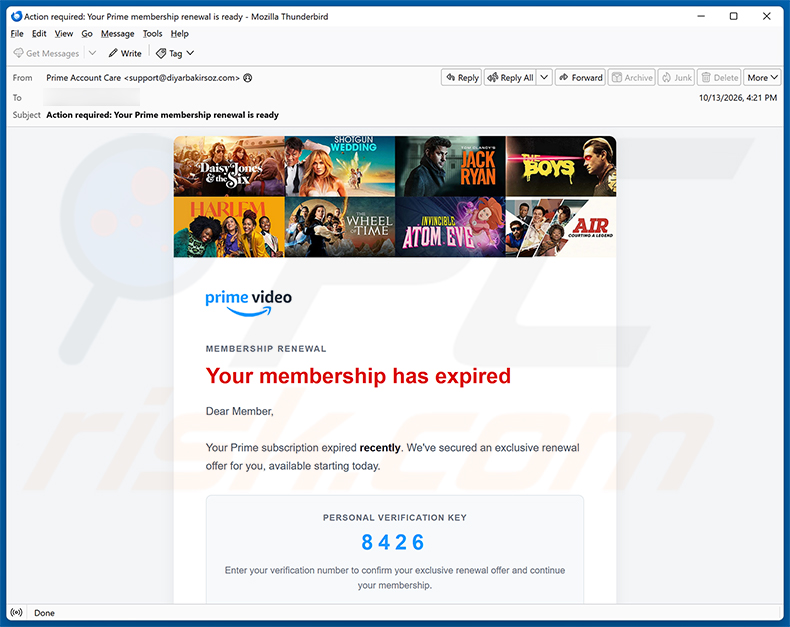 Campaña de spam por correo electrónico Amazon Prime Subscription Expired
