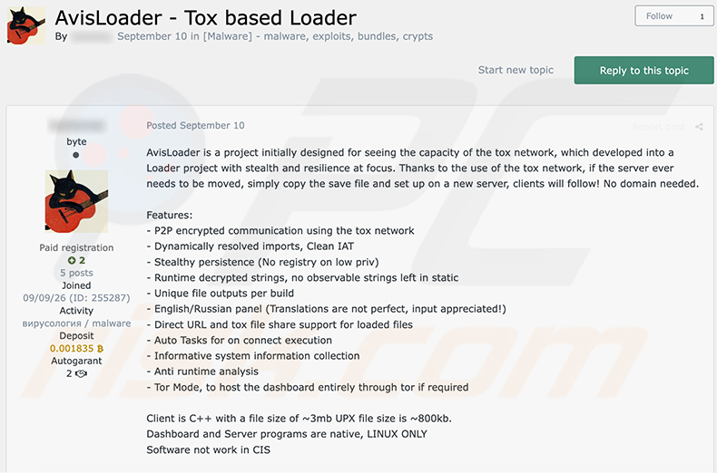 AvisLoader anunciado en un foro de ciberdelincuencia (fuente varonis-com)