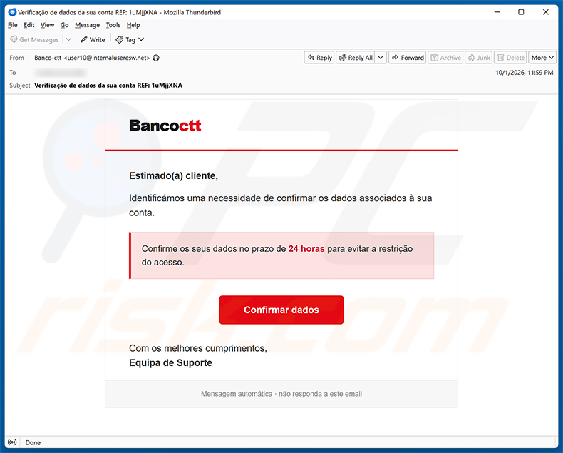 Banco CTT estafa por correo electrónico - campaña de spam por correo electrónico