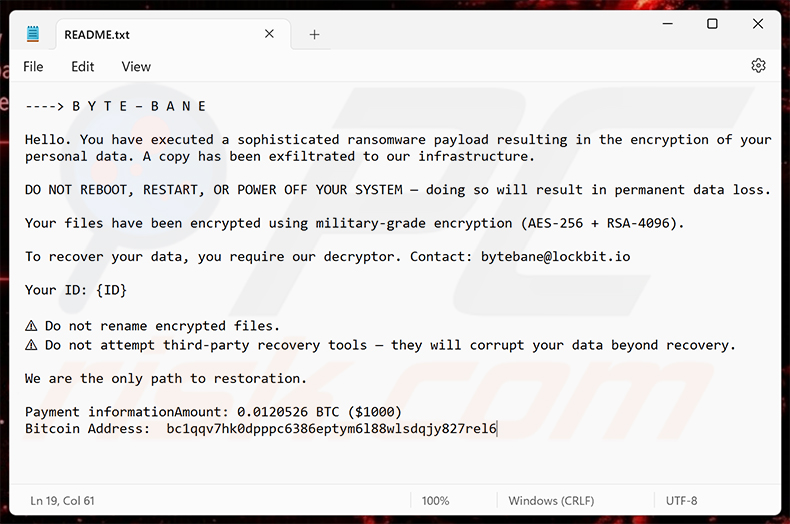 Nota de rescate del ransomware ByteBane (README.txt)