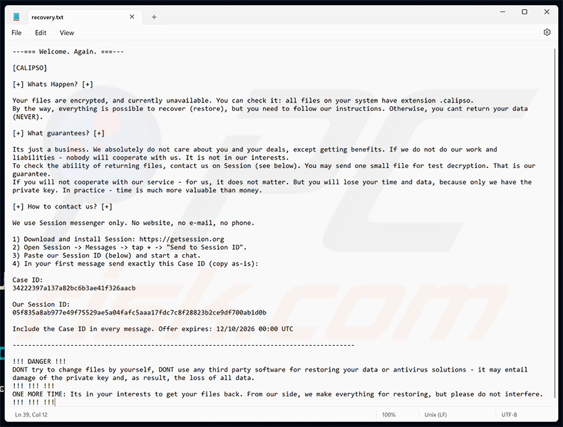 Nota de rescate del ransomware Calipso (recovery.txt)