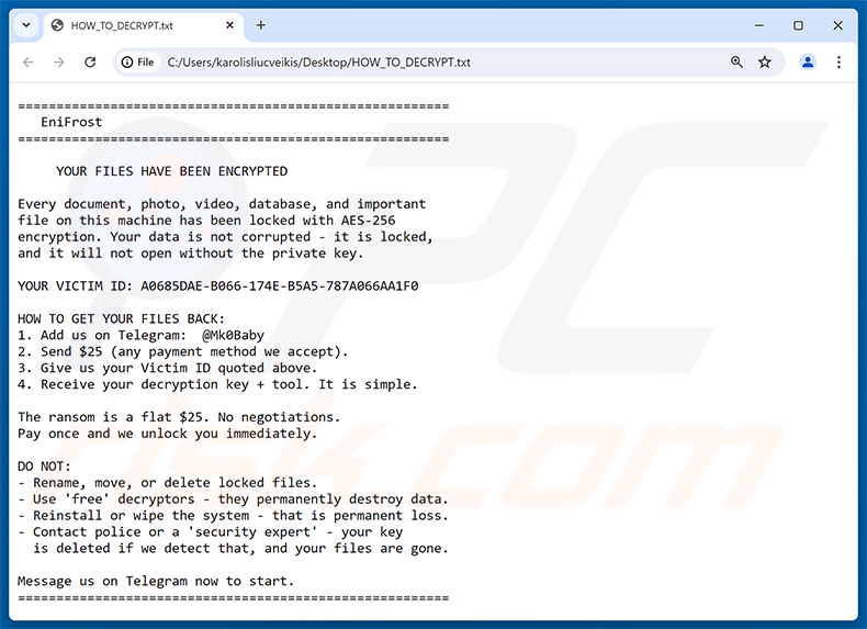 Nota de rescate del ransomware EniFrost (HOW_TO_DECRYPT.txt)