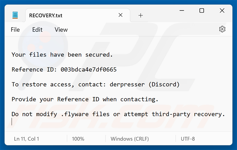 Nota de rescate del ransomware Flyware (RECOVERY.txt)