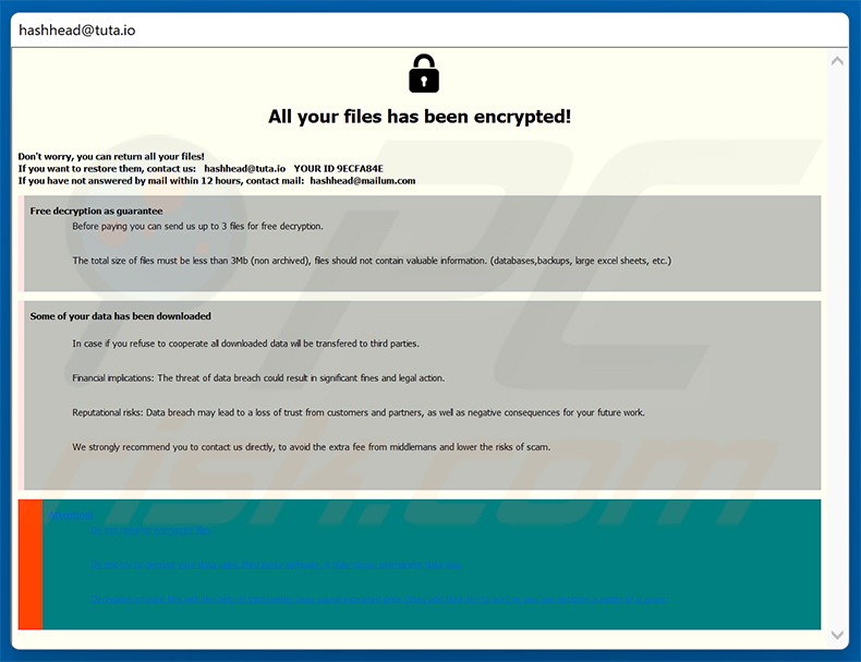Nota de rescate emergente del ransomware Has