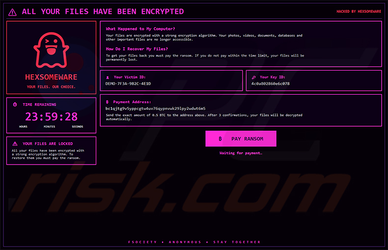 Ventana emergente a pantalla completa del ransomware Hexsomeware