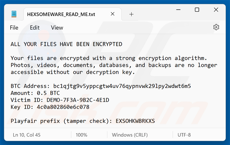 Archivo de texto del ransomware Hexsomeware (HEXSOMEWARE_READ_ME.txt)