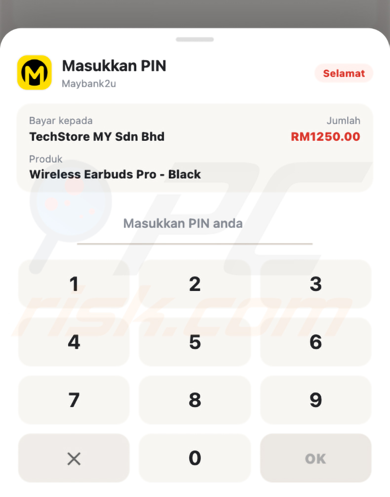 Página de superposición de pago falsa de Hirudo con la imagen de marca de Maybank