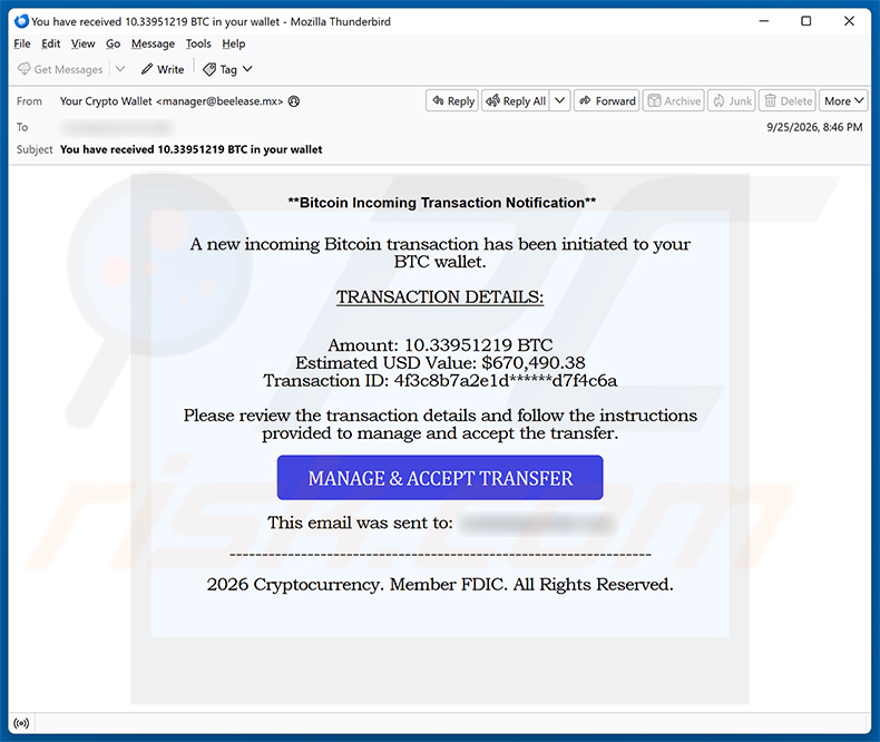Incoming Bitcoin Transaction estafa por correo electrónico - campaña de spam