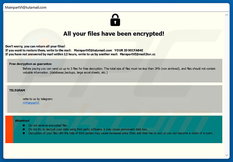 Nota de rescate en ventana emergente del ransomware MAIN