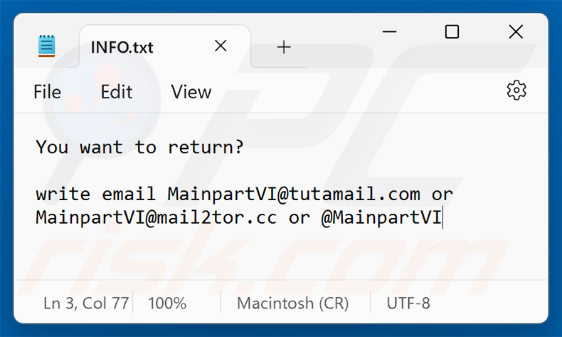 Nota de rescate del ransomware MAIN (INFO.txt)