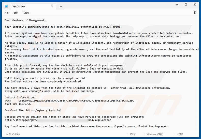 Nota de rescate del ransomware MAJIN (README.txt)