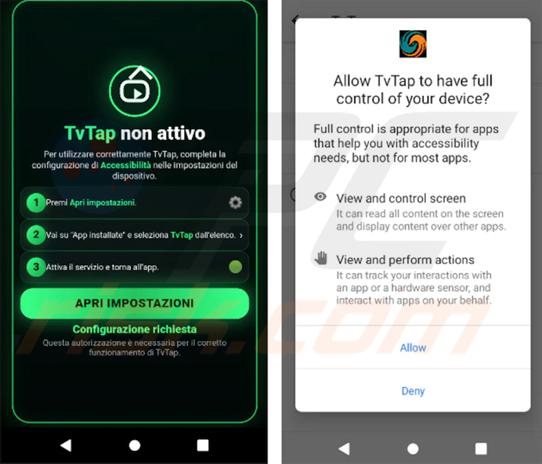 El troyano bancario RemControl solicitando acceso al Servicio de Accesibilidad