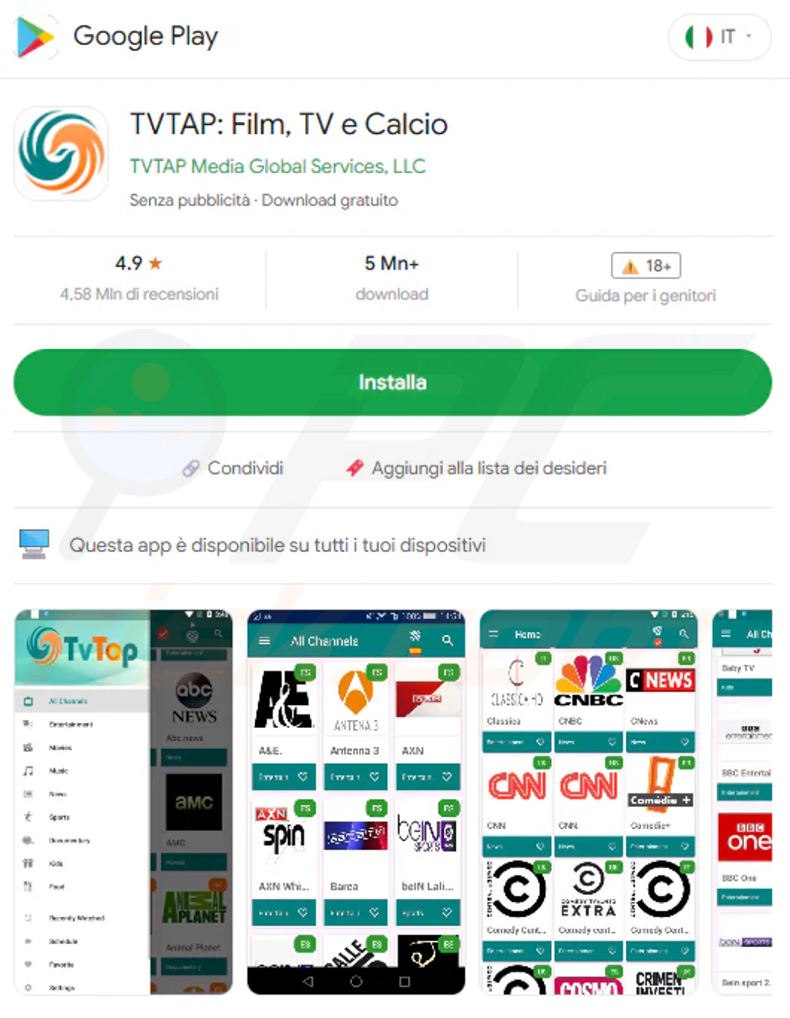 Página falsa de Google Play Store que suplanta a TVTap utilizada para distribuir el troyano bancario RemControl
