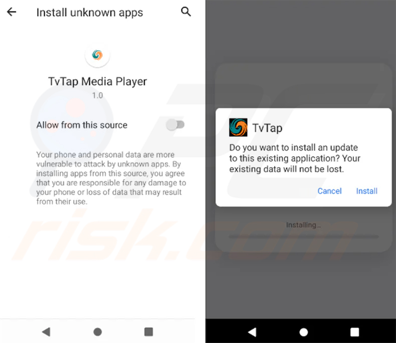 Pantalla falsa de actualización de TVTap del dropper del troyano bancario RemControl