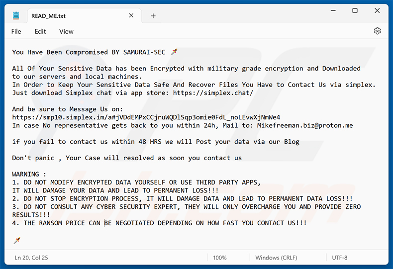 Nota de rescate del ransomware SAMURAI-SEC (READ_ME.txt)