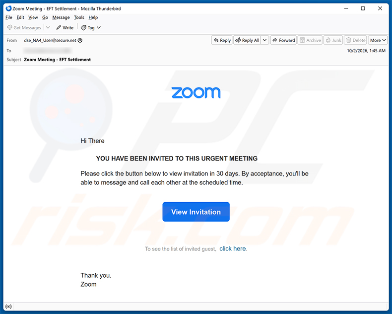 Campaña de spam por correo electrónico Zoom Meeting Invitation Email Virus