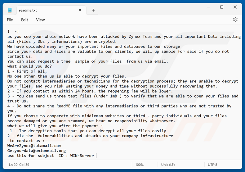 Nota de rescate del ransomware Zynex (readme.txt)