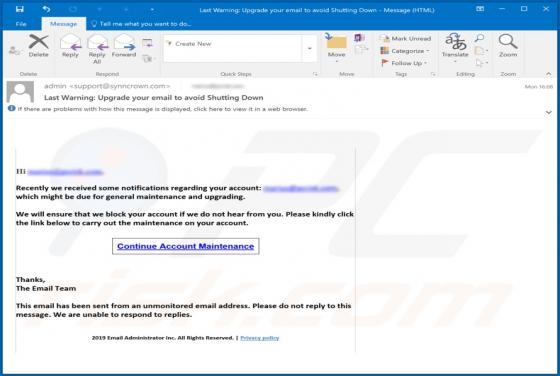 Estafa Email "Last Warning: Upgrade Your Email To Avoid Shutting Down" Email Scam