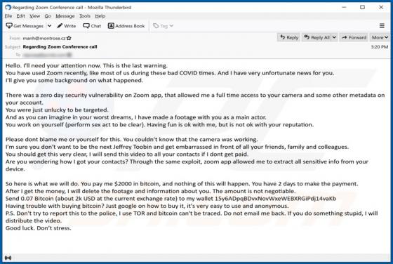 Email Estafa "Zero Day Security Vulnerability On Zoom App"