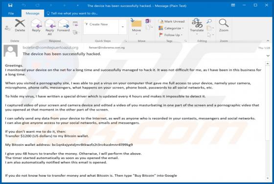 Estafa por e-mail "I Monitored Your Device On The Net For A Long Time"