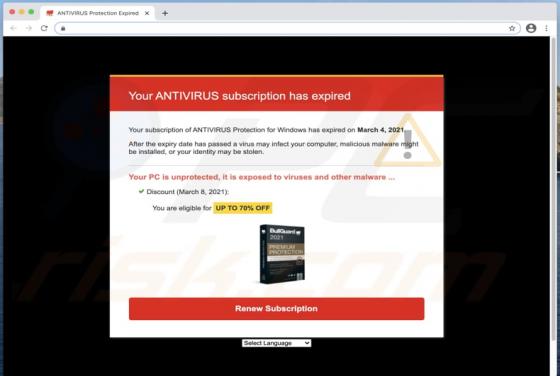 Estafa Emergente "Your ANTIVIRUS Subscription Has Expired"