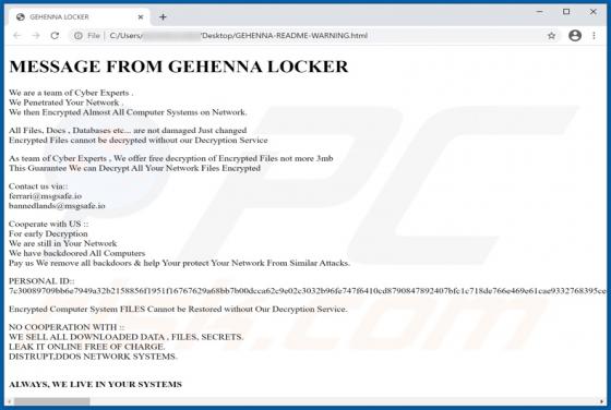 Ransomware "GEHENNA LOCKER"