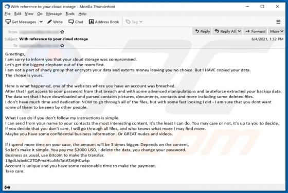 Email Estafa "Your Cloud Storage Was Compromised"