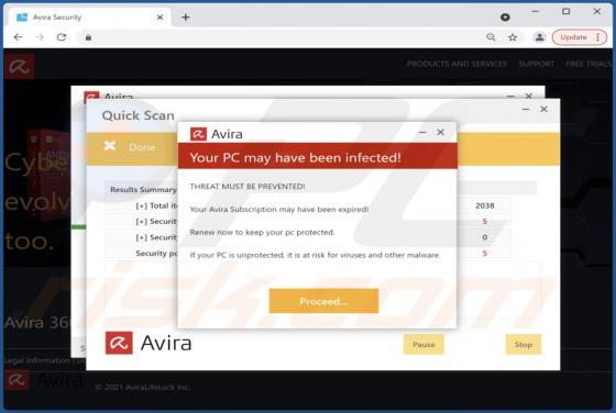 Estafa Emergente "Avira - Your Pc May Have Been Infected"