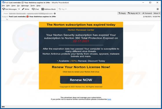 Email Estafa "Norton Subscription Has Expired"