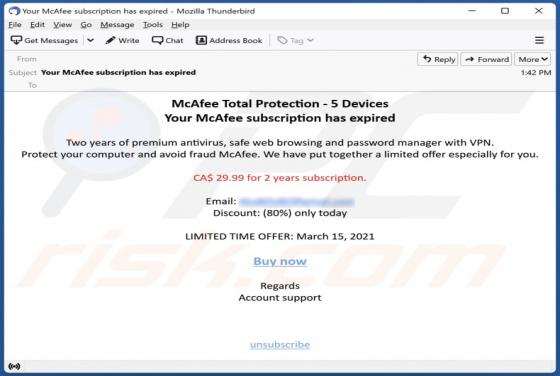 Email Estafa "McAfee Subscription Has Expired"