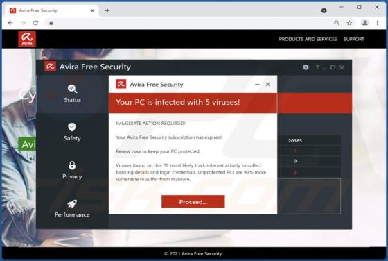 Estafa Emergente "Avira Free Security - Your PC Is Infected With 5 Viruses!"