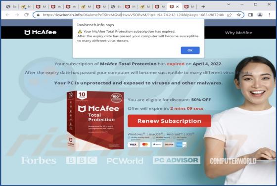 Estafa Emergente "McAfee Total Protection Has Expired"