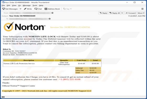 Email Estafa "Norton Subscription Will Renew Today"