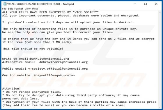 Ransomware "VICE SOCIETY"